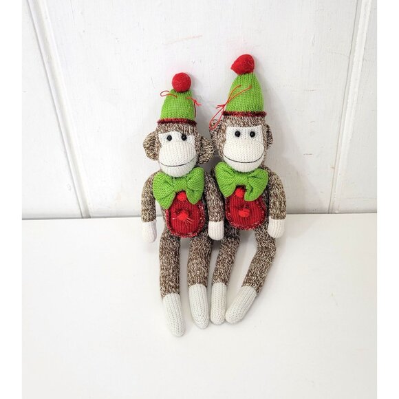 Sock Monkey Ornaments With Green Christmas Hats & Bow Ties, Set of Two - Picture 2 of 6